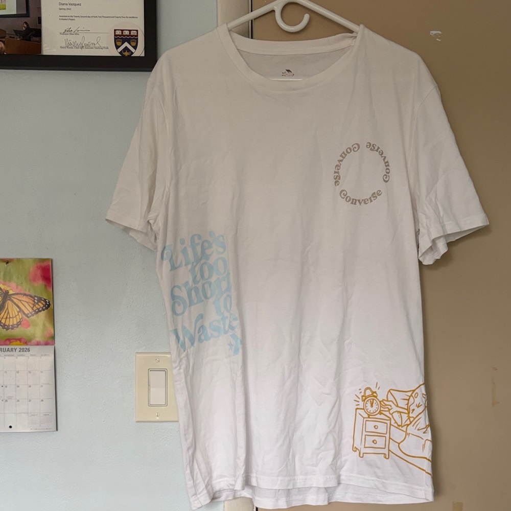 Converse White Tee with Gold and Blue Graphics